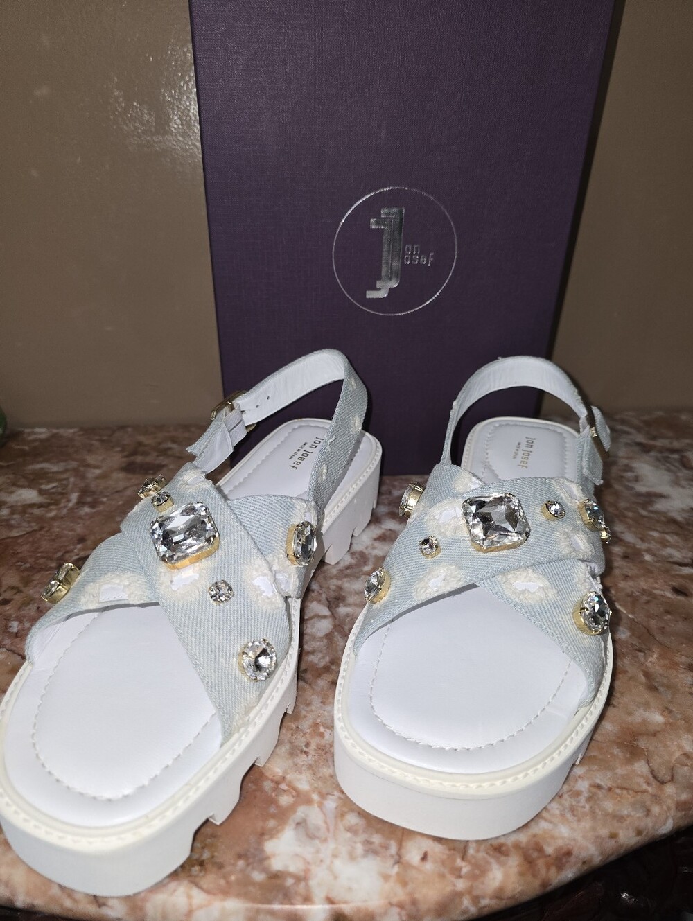 Jon Josef Alexandra White Jean embellished platform denim sandals